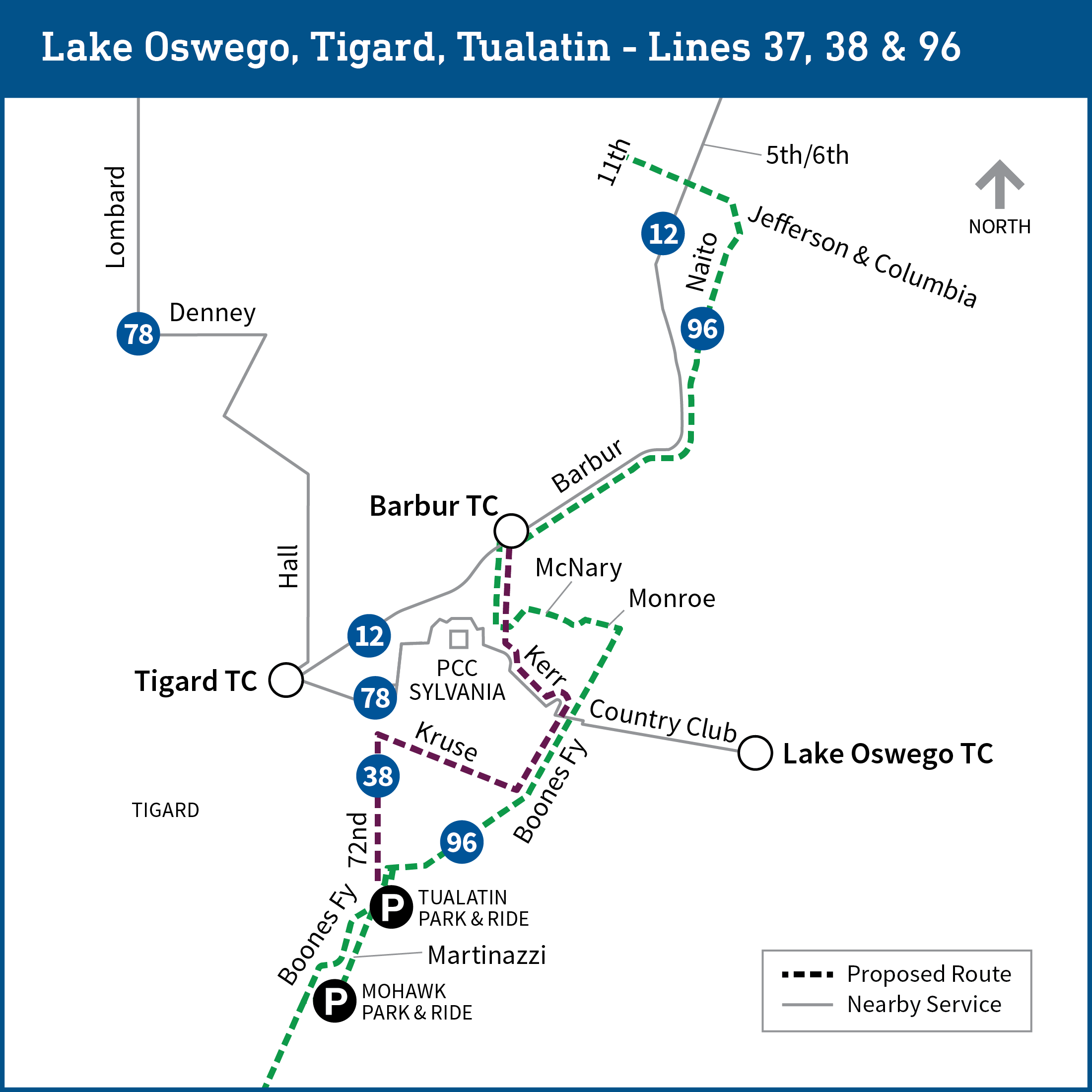 Map of Lake Oswego, Tigard and Tualatin areas shows proposed changes for lines 12, 37, 38, 78 and 96 as further detailed on page.