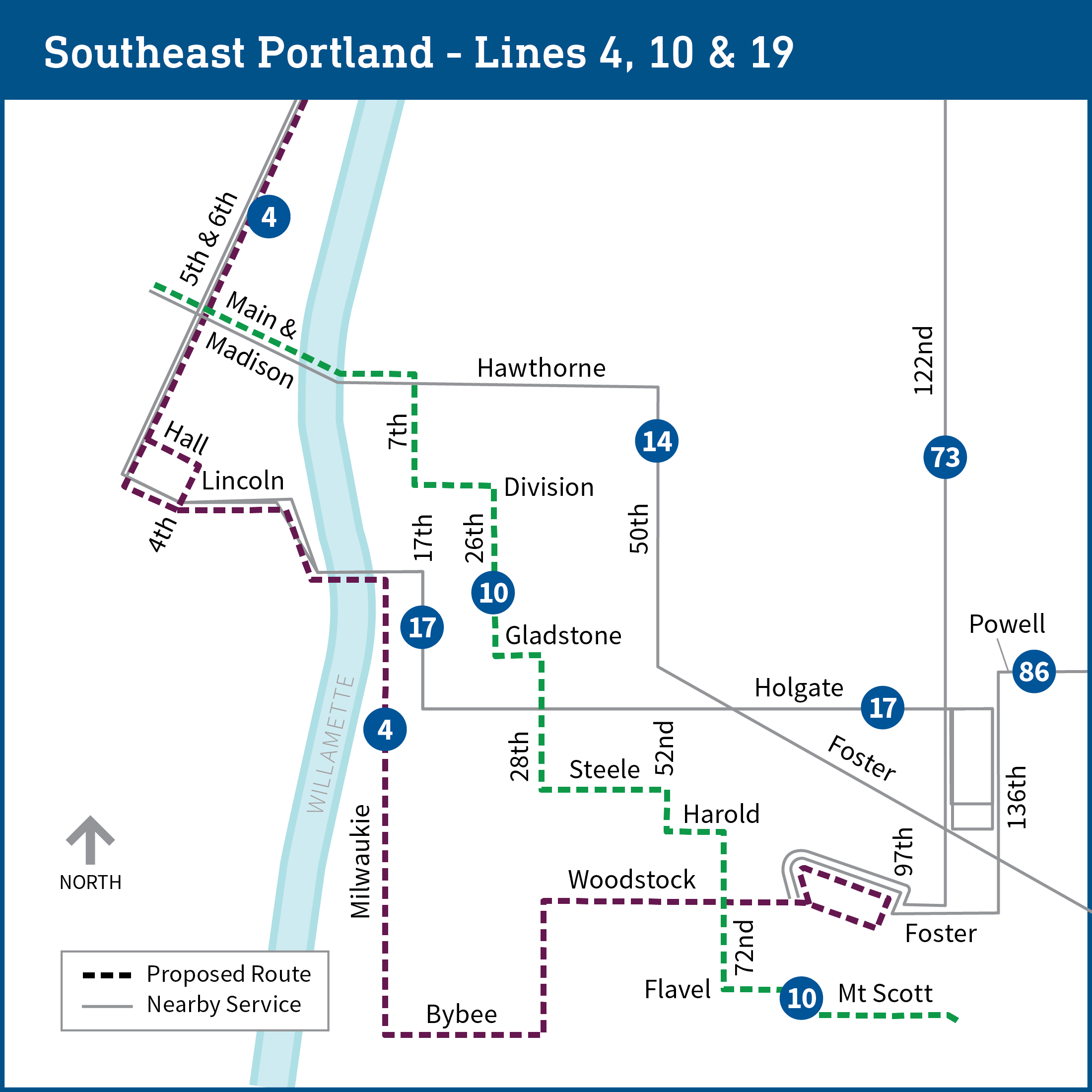Map shows parts of southeast and downtown Portland with transit lines, including bus lines 4, 10, 14, 17, 19, 73, and 86. Lines 4, 10, and 19 show proposed changes as described on the page.