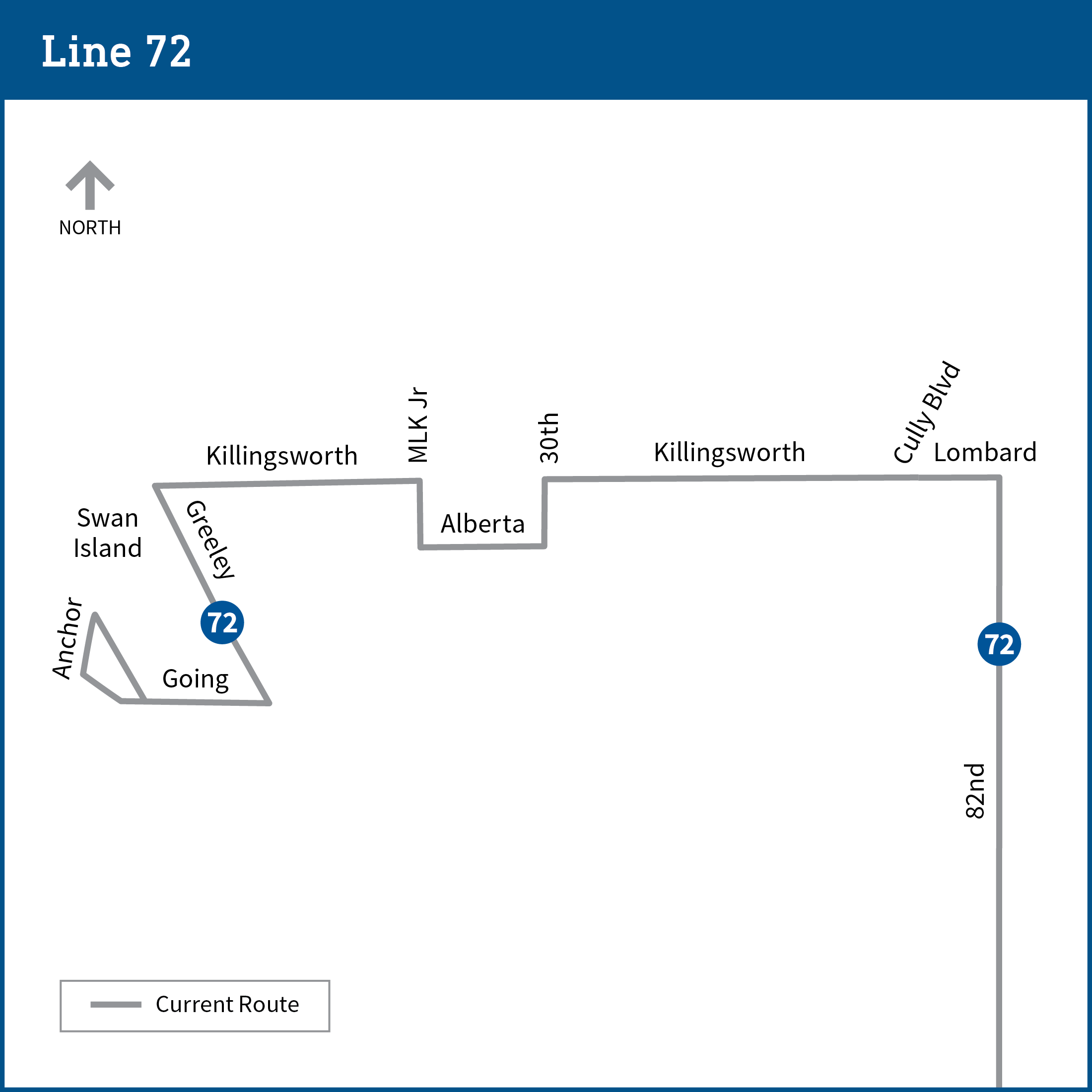 Map shows a segment of the current line 72 bus route from Swan Island to 82nd Ave.