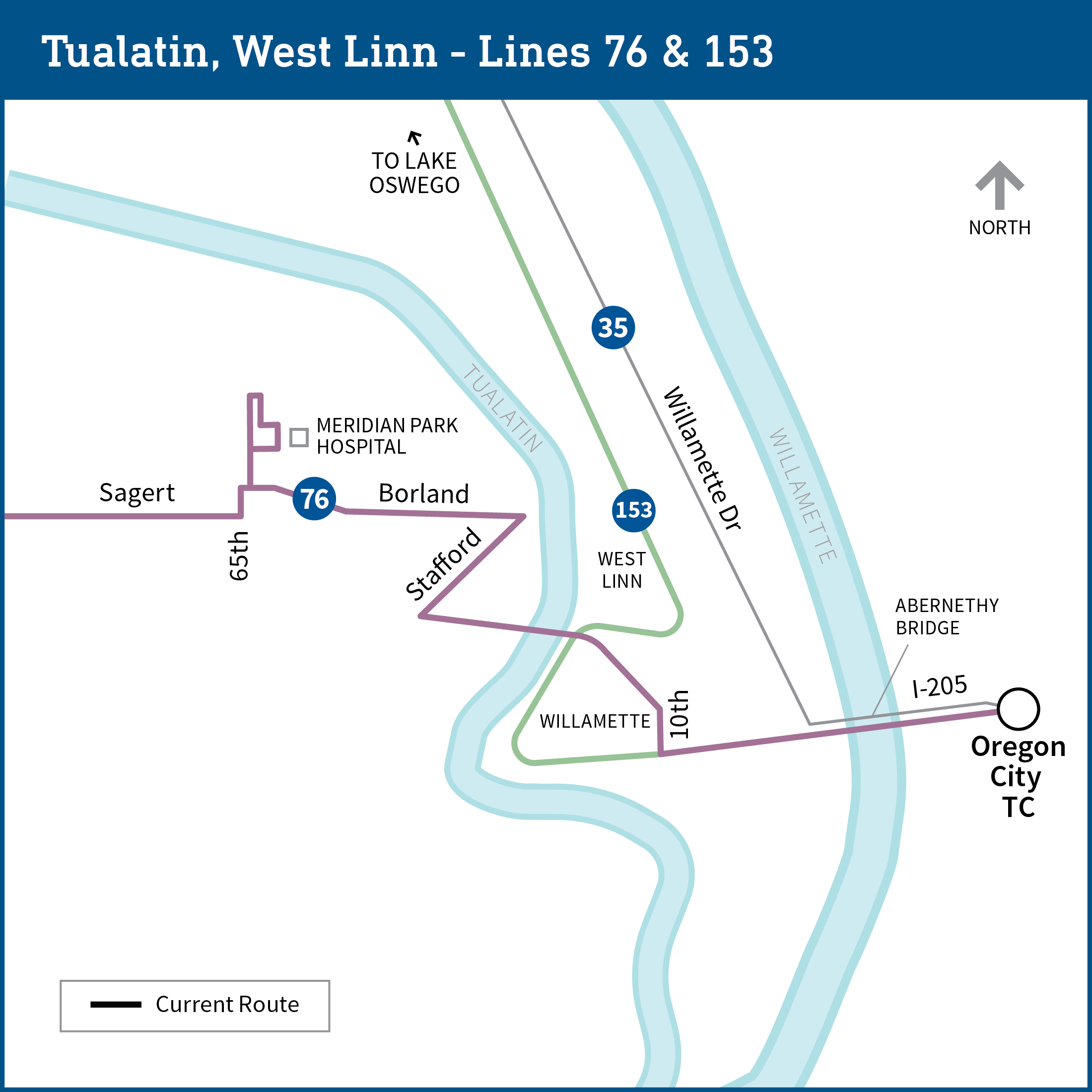 Map of West Linn and surrounding area shows current bus routes for lines 35, 76 and 153.