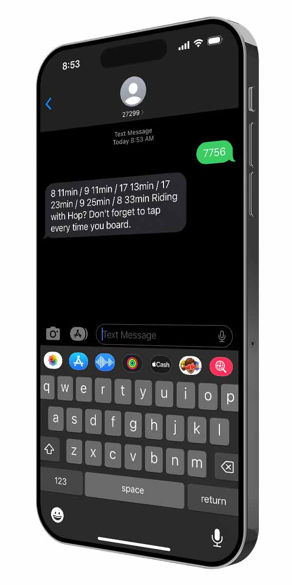 Mobile phone showing text messages with arrival times